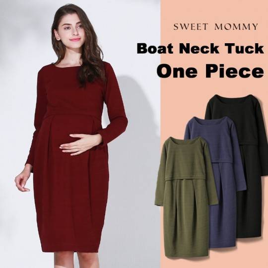 Maternity and nursing long sleeve dress with boat neck