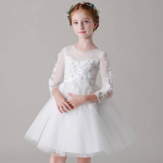 Flower girl formal white dress long sleeves 100-150cm
