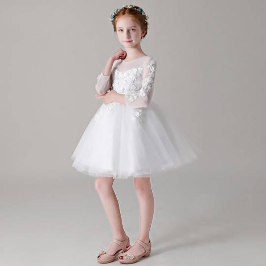 Robe blanche de Cérémonie Fille Demoiselle d&#039;honneur manches longues 100-150cm