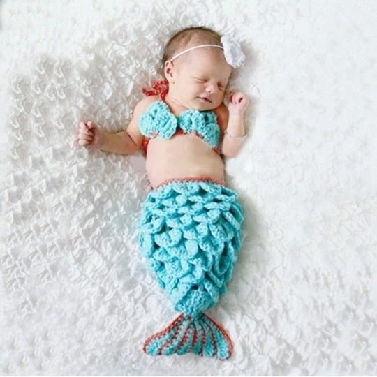 Knit baby costume Mermaids 3 pieces set blue color