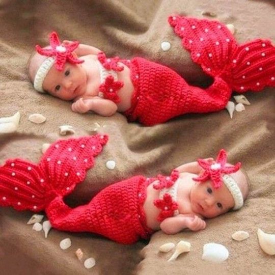 Knit baby costume Mermaids 3 pieces set red color