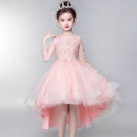 Robe de cérémonie fille-demoiselle d&#039;honneur 110-160cm Rose manches longues
