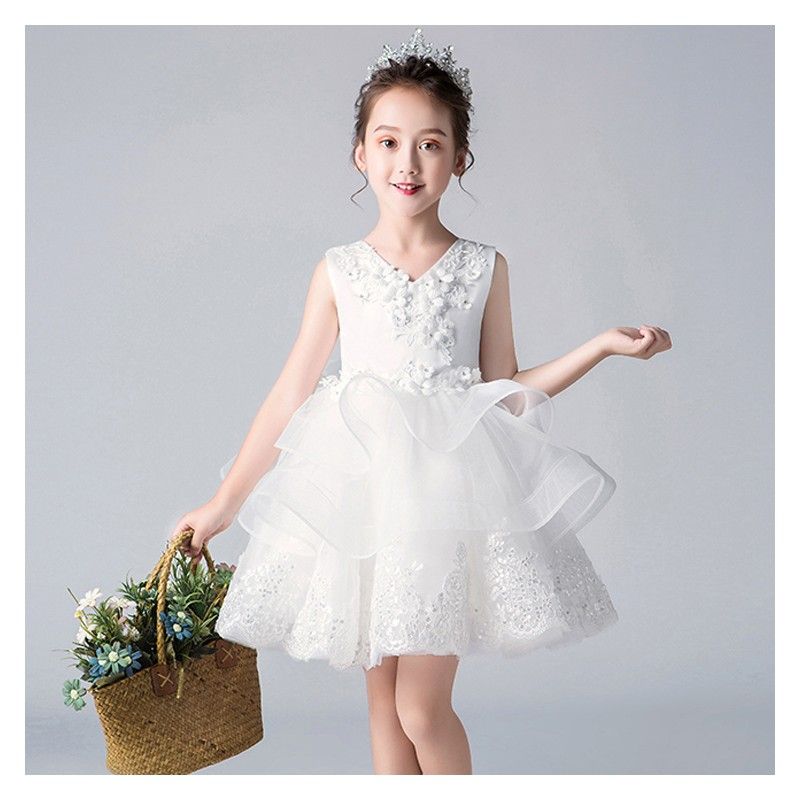 Flower girl white embroidered dress 100-150cm