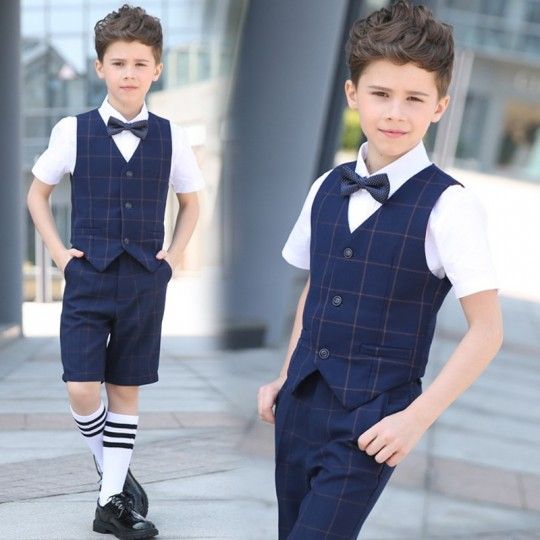 Elegant boy summer blue plaid 4 pieces suit 100-170 cm