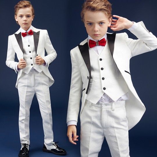 Jacquard Fabric French Smoking Boy Formal Suit 5 pcs  White